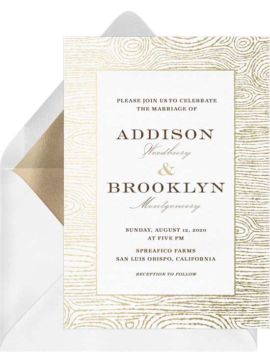 Digital wedding invitations featuring a gold-foil wood grain pattern around a large space for text