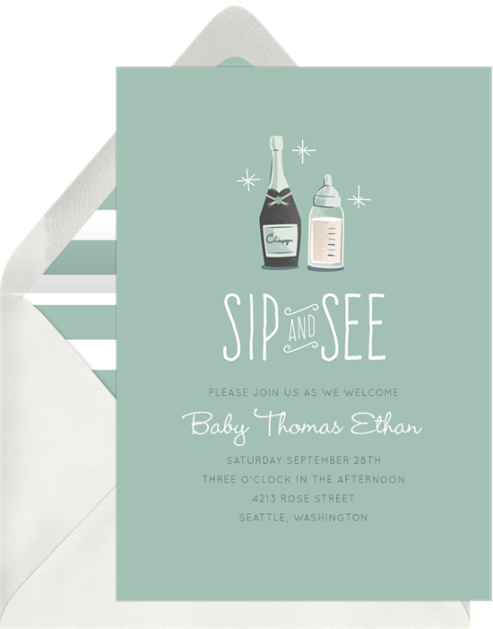 Baby shower invitations for boys: the Milk and Bubbly invitation design from Greenvelope