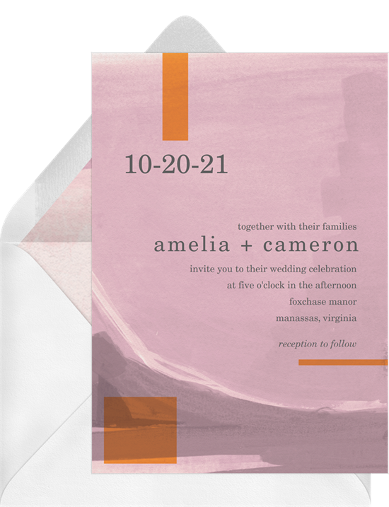 Modern wedding invitation examples with a pink background and orange, geometric accents