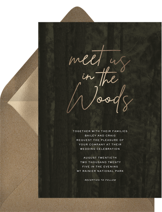 Nature-inspired wedding invitation examples with a dark forest backdrop and the words "meet us in the woods"