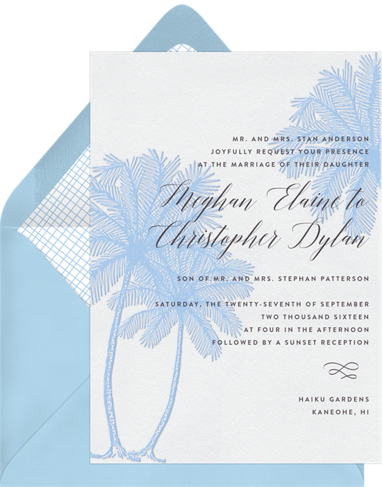 Beach wedding invitations: the Palm Tree Trio invitation design from Greenvelope