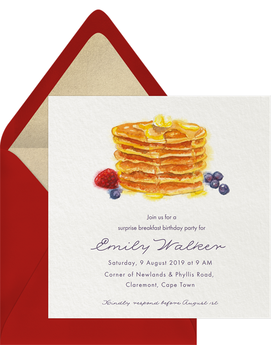 Brunch birthday invitations online that feature a stack of watercolor pancakes