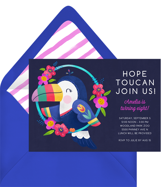 tropical party: blue parrot themed invitation