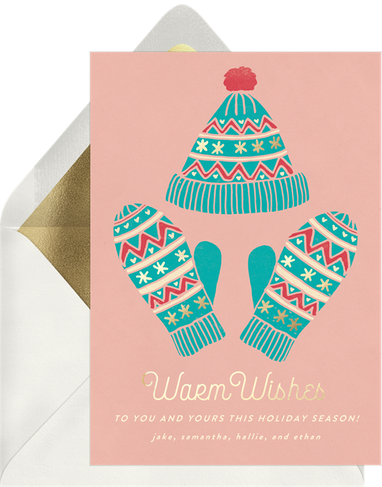 A holiday card featuring inclusive Christmas card sayings, like "warm wishes" and "holiday season"