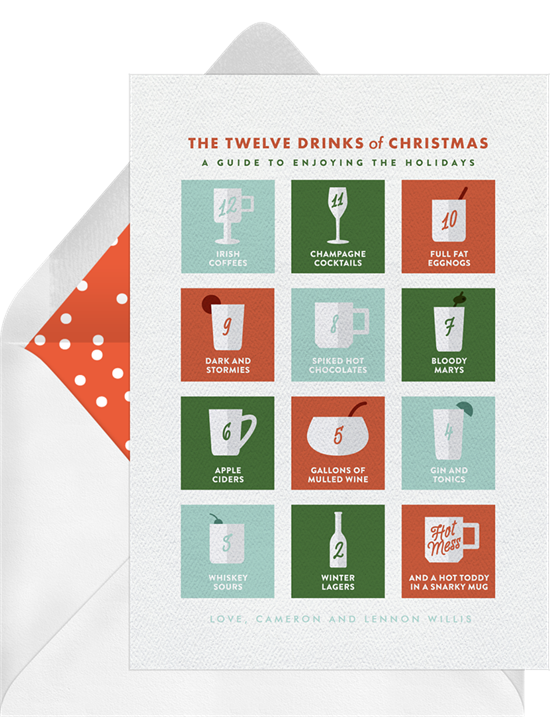 The unique Christmas card design: 12 Drinks of Christmas from Greenvelope