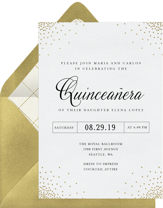 Elegant Confetti Quinceañera invitations from Greenvelope