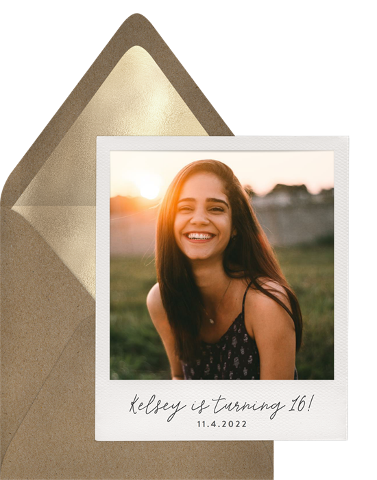 Sweet 16 invitations: the Polaroid Celebration invitation design from Greenvelope