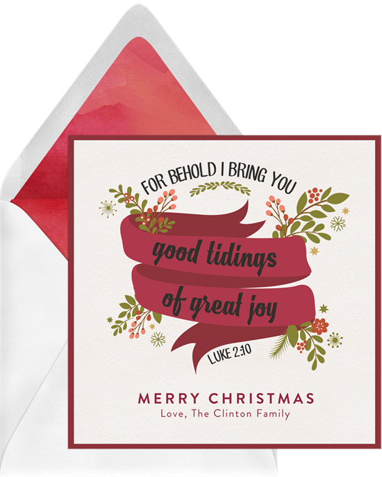 A card that reads, "For behold I bring you good tidings of great joy (Luke 2:10)," an option for religious Christmas card greetings 
