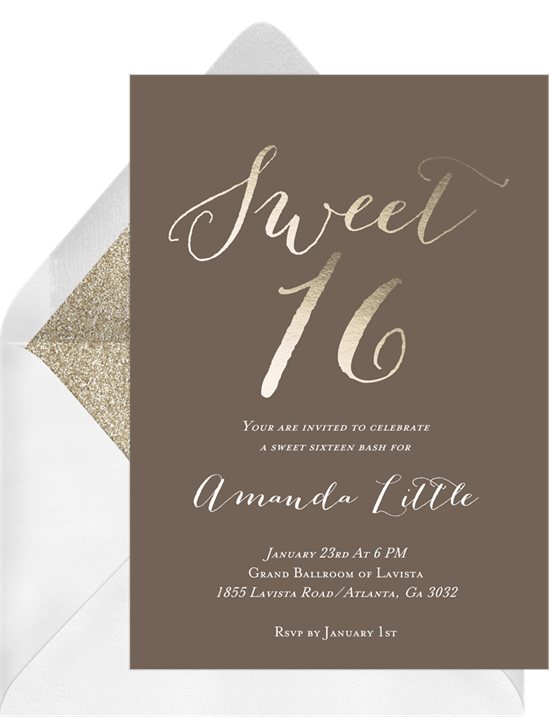 Sweet 16 invitations: the Rustic Sixteen invitation design from Greenvelope