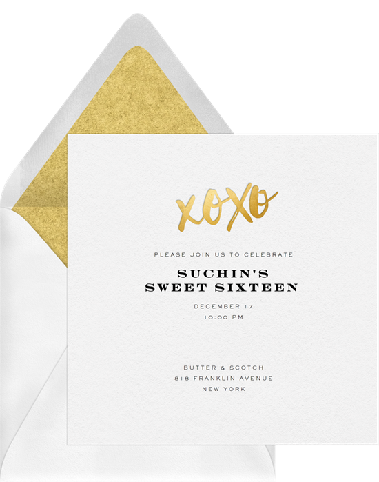 Sweet 16 invitations: the Metallic XOXO invitation design from Greenvelope