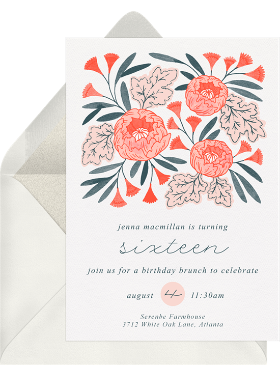 Sweet 16 invitations: the Pretty Peonies invitation design from Greenvelope