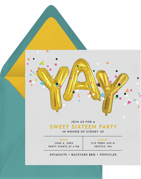 Sweet 16 invitations: the Confetti Celebration invitation design from Greenvelope