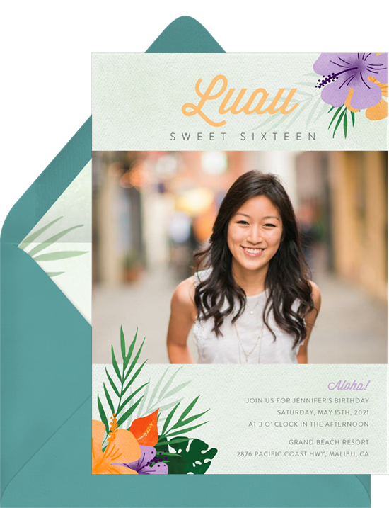 Sweet 16 invitations: the Luau Crown invitation design from Greenvelope