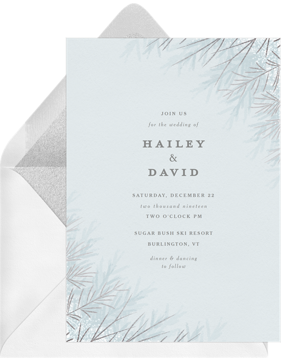 Foil Pine Branches winter wedding invitations from Greenvelope