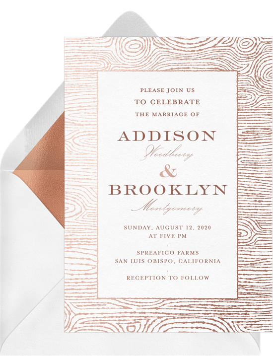 Metallic Woodgrain winter wedding invitations from Greenvelope