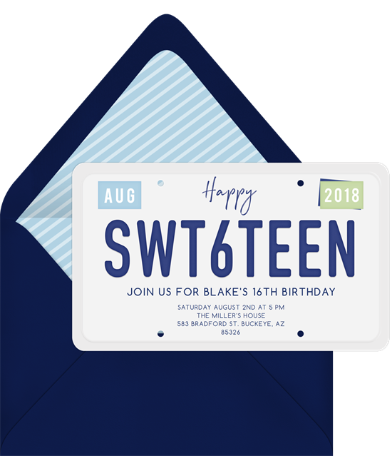 Sweet 16 invitations: the SWT6TEEN invitation design from Greenvelope