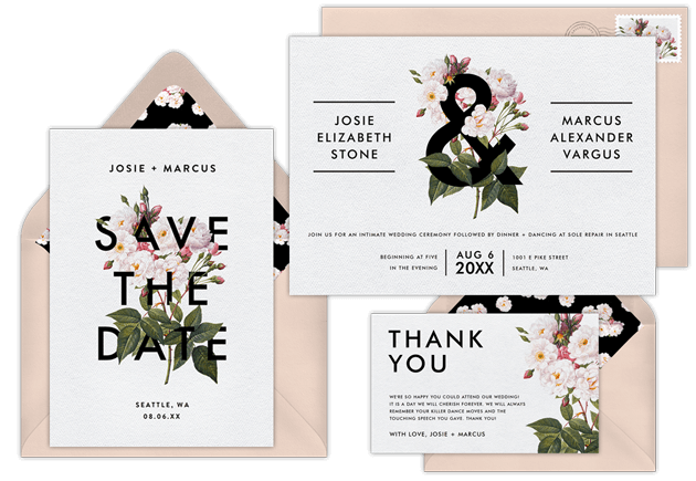 A Greenvelope all-in-one wedding invitation suite with matching save-the-date and thank you card