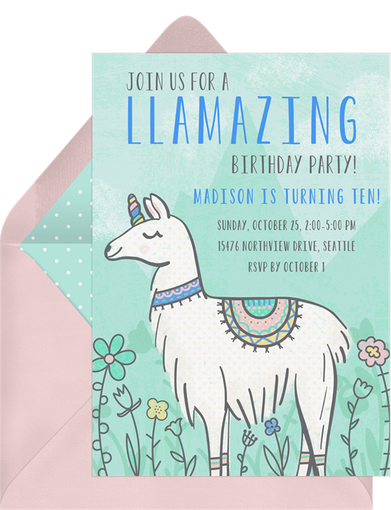 Llama Unicorn invitations from Greenvelope