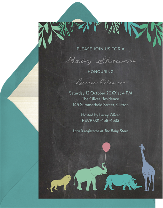 Safari Mama elephant baby shower invitations from Greenvelope