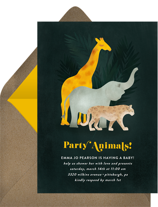 Safari Animals elephant baby shower invitations from Greenvelope
