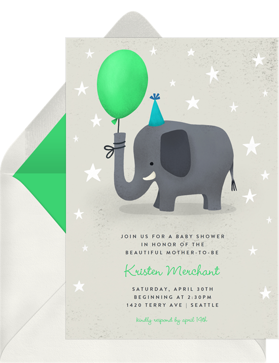 Party Time Elephant baby shower invitations from Greenvelope