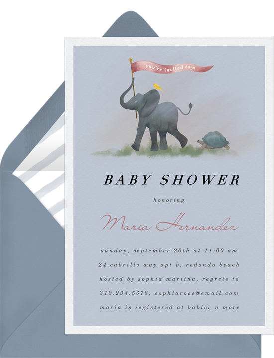 Animal Parade elephant baby shower invitations from Greenvelope