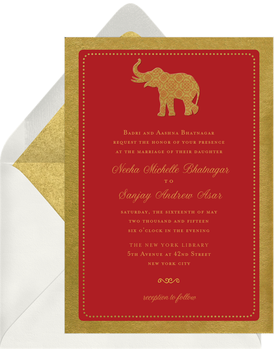 Gold Elephant Indian wedding invitations from Greenvelope