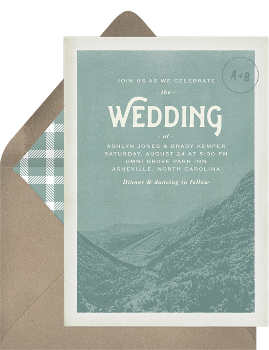 Blue Ridge Mountains destination wedding invitations from Greenvelope