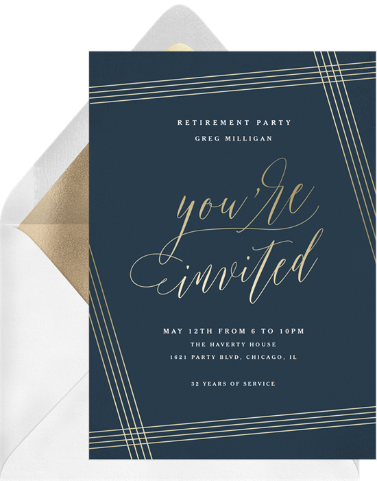 Asymmetrical Pinstripe Frame retirement party invitations from Greenvelope