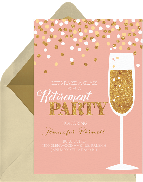 Champagne and Confetti retirement party invitations from Greenvelope