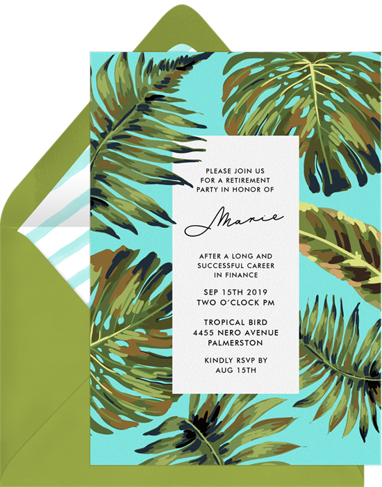 Palm Leaves retirement party invitations from Greenvelope