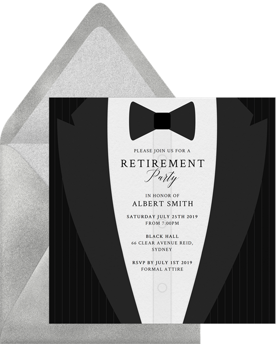 Black Tux retirement party invitations from Greenvelope