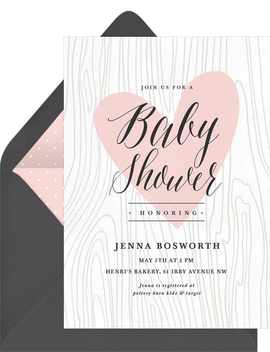Woodgrain Heart baby shower invitations for girls