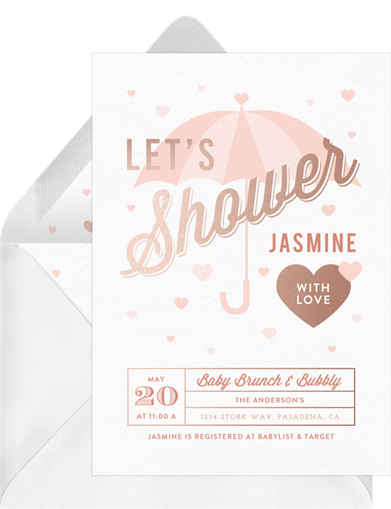 Raining Hearts baby shower invitations for girls