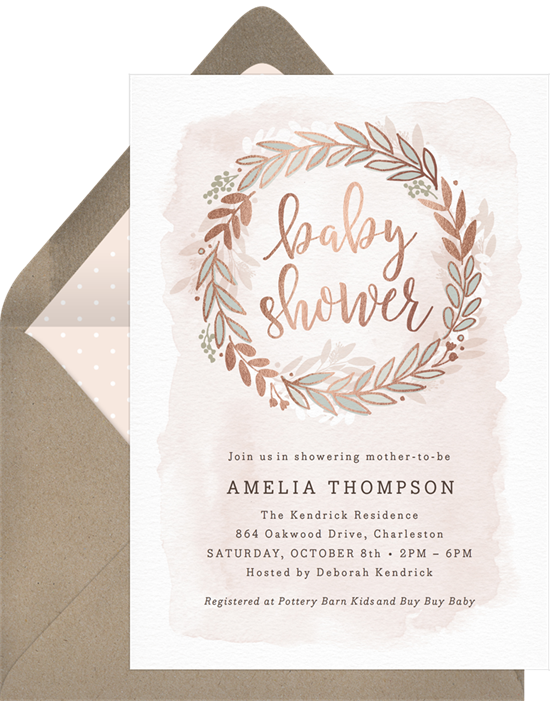 Rose Gold Wreath baby shower invitations for girls