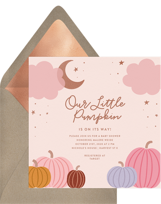 Little Pumpkin baby shower invitations for girls