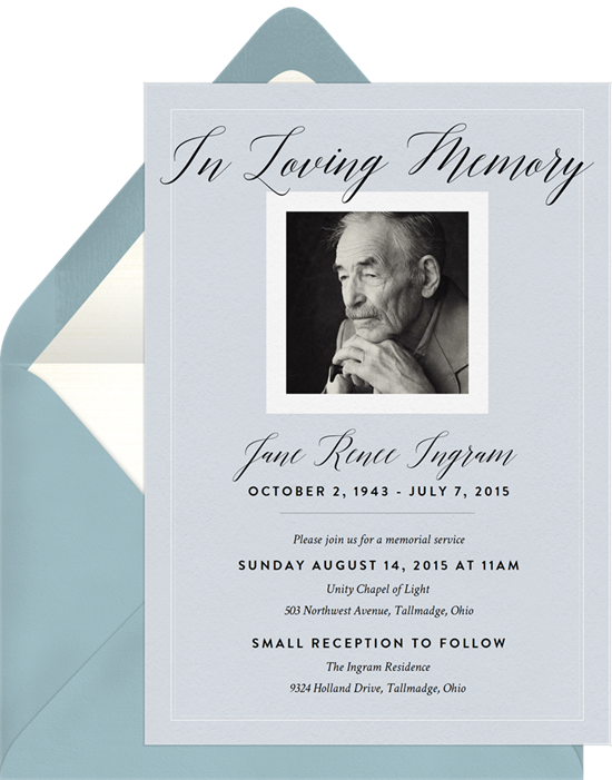 gray invitation with "in loving memory"