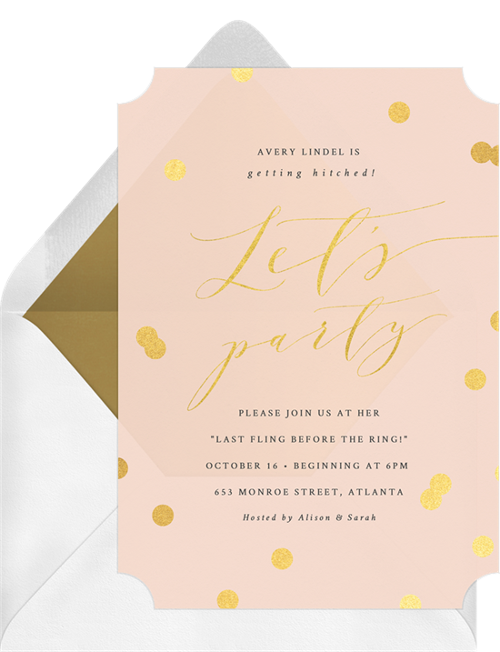 Posh Confetti bachelorette party invitations from Greenvelope