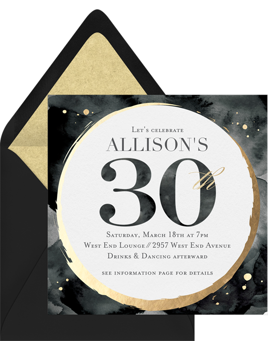 Birthday invitation wording: An invite that reads "Let's celebrate Allison's 30th"