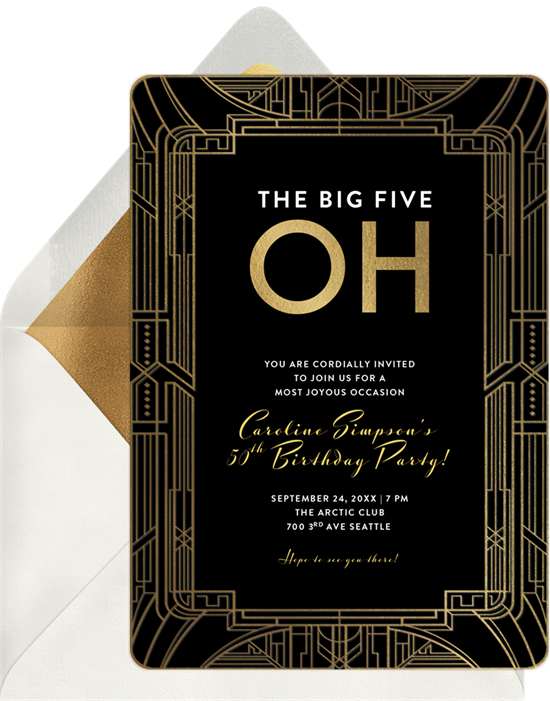 Birthday invitation wording: An invite that reads "The big five oh"