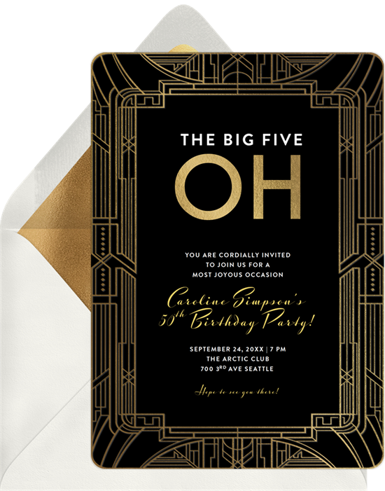 Birthday invitation wording: An invite that reads "The big five oh"