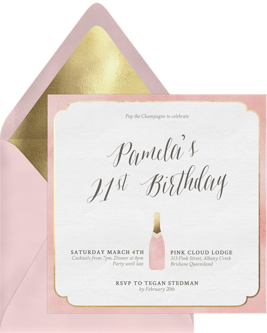 Birthday invitation wording: An invite that reads "Pamela's 21st Birthday"