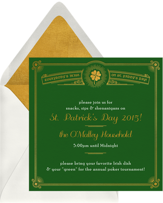 St. Patrick's Day sayings: a card that reads, "Please join us for snacks, sips, and shenanigans"
