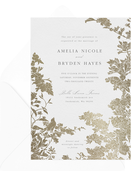 Wedding program wording: A formal, gold foil, wedding invitation