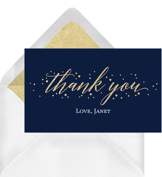 Thank you card ideas: a thank you card with gold-foil lettering and glitter-lined envelope