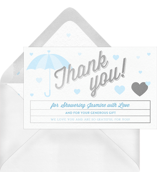 Raining Hearts baby shower thank you cards