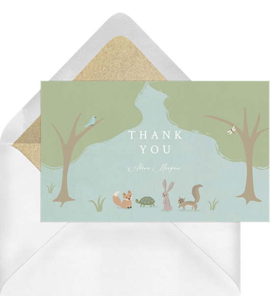 Woodland Storytime baby shower thank you cards