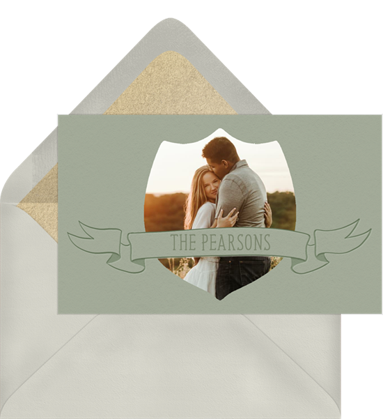 Wedding thank you cards with a photo and banner featuring the couple's name