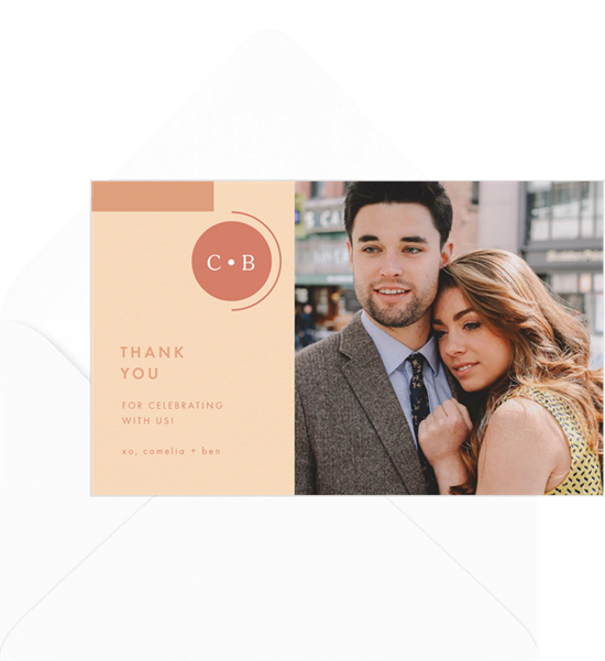 Wedding thank you cards featuring a modern, geometric design and a photo of the couple