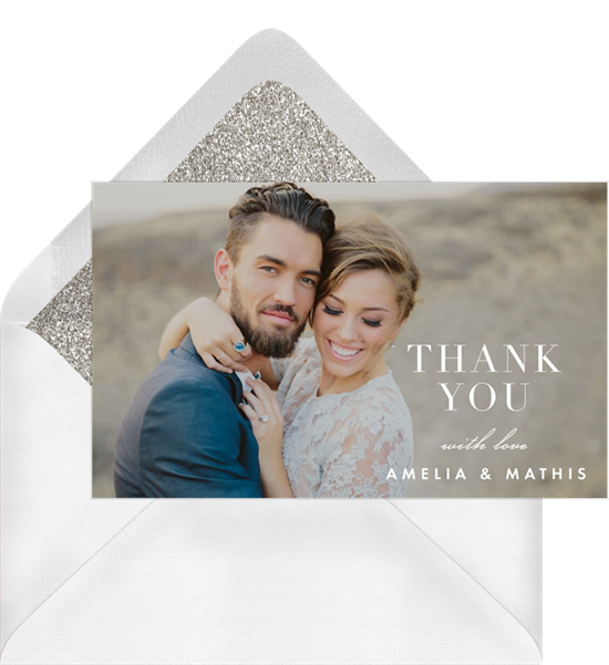 Wedding thank you cards featuring a full-bleed photo and subtle white text